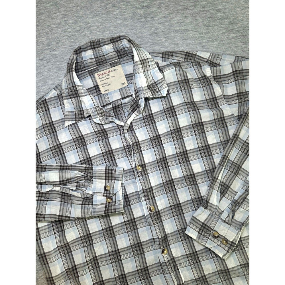 Wrangler Men's L Gray/White Plaid Cotton Long Sleeve Button-Up